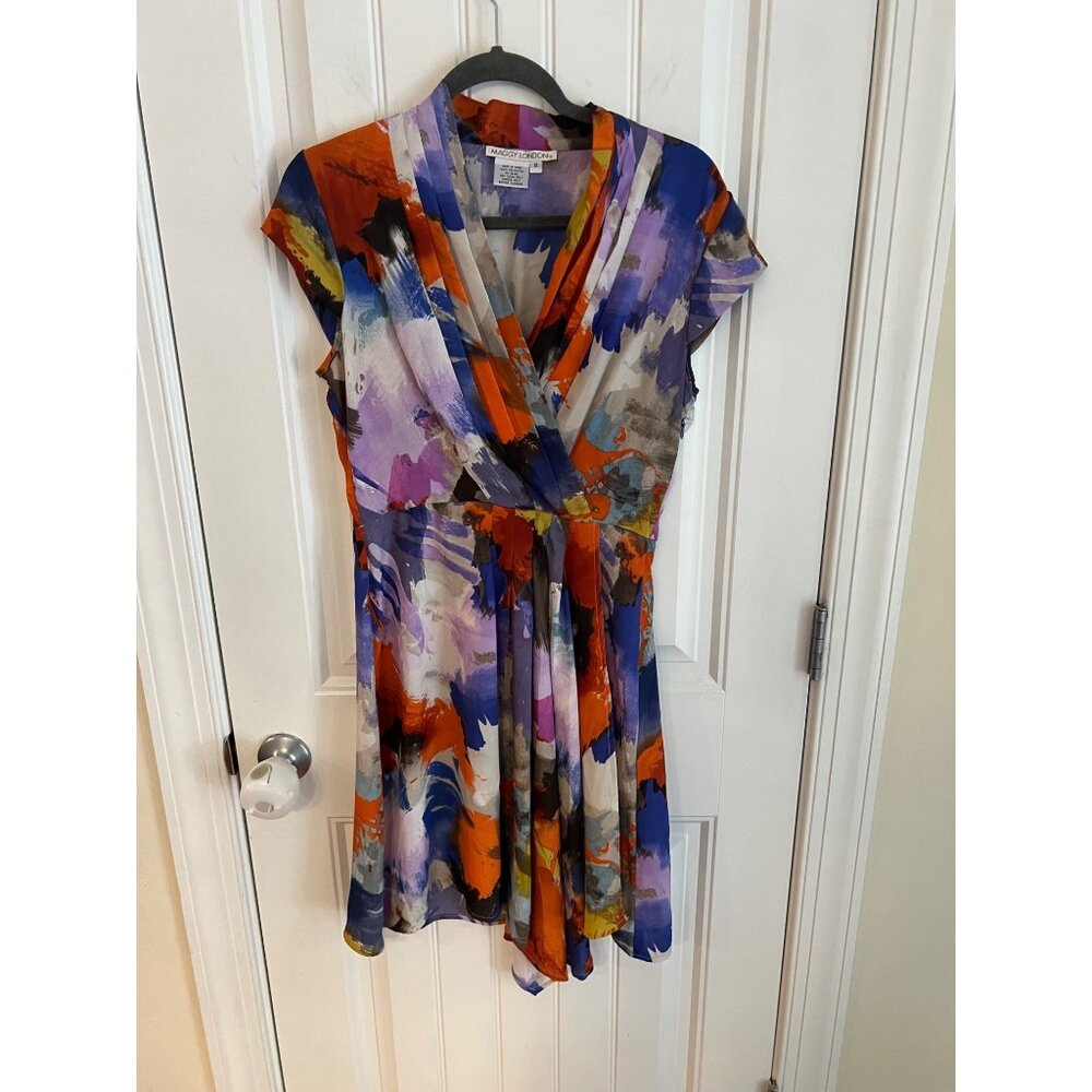 Vintage Maggy London Abstract Print Dress Multicolor Cap‎ Sleeves Sz 8